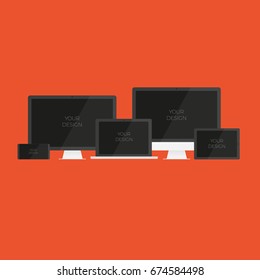 Devices with dark screen mock up on red background. Vector illustration.