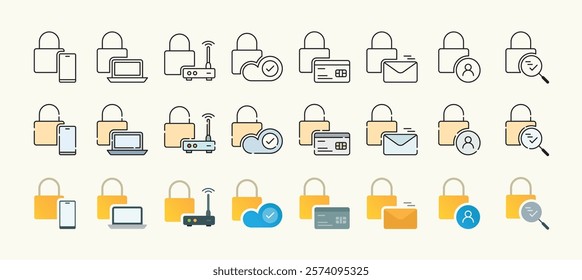 Devices, data, information, and security protection representative line, solid with outline, and color illustration icon set design