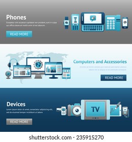 Devices design banner set with phones computers and accessories isolated vector illustration