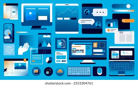 Dispositivos e interfaces digitales. Ordenador, ordenador portátil, smartphone, dispositivos inteligentes e interfaz digital conectados entre sí; App, servicios en línea e interfaces de usuario.
