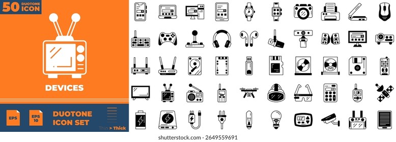 Dispositivos Duotone Ícones editáveis definidos. Ilustração vetorial em estilo duotônico fino moderno de ícones de dispositivos: smartphone, tablet, computador, etc