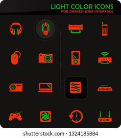 Devices easy color vector icons on darken background for user interface design