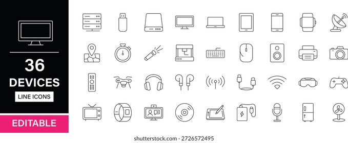 Geräte editierbare Zeile Icons Pack. Tablet, Computer, Fernsehen, Kamera, Lautsprecher, Mikrofon, elektronisch, Laptop, Sammlung, Mikrofon, Fernbedienung, Maus, Drucker, Modem und mehr Symbole.