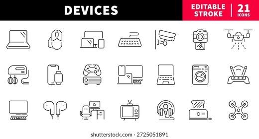 Dispositivos ícones de linha editáveis definir: símbolos lineares para tecnologica e gadgets