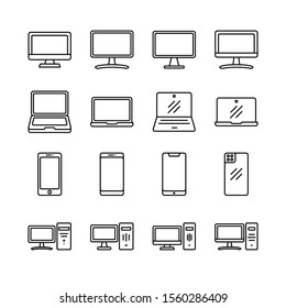 Devices and electronic related line icon set. Laptop, computer, smartphone, desktop, pentablet, mouse, keyboard vector illustration. sign isolated for electronic stores. Pixel perfect. Editable Stroke