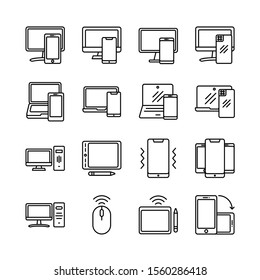 Devices And Electronic Related Line Icon Set. Laptop, Computer, Smartphone, Desktop, Pentablet, Mouse, Keyboard Vector Illustration. Sign Isolated For Electronic Stores. Pixel Perfect. Editable Stroke