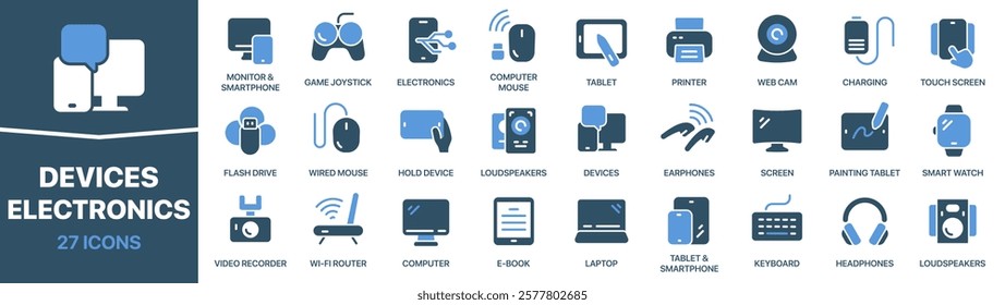 Devices and electronics colored signed icon collection. Smartphone, monitor, laptop, tablet, headphones icons. UI icon set. Colored icons pack. Vector illustration