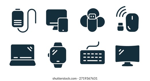 Dispositivos y electrónica excelente colección de iconos. Conjunto de banco de energía, computadora de escritorio, asistente de robot, ratón inalámbrico, computadora portátil, reloj inteligente, teclado, iconos de monitor curvo