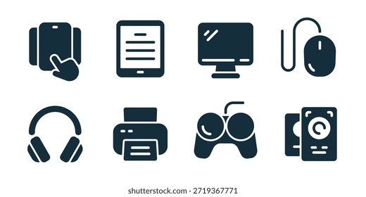 Dispositivos y electrónica excelente colección de iconos. Conjunto de toque de pantalla táctil, tableta, monitor, ratón con cable, auriculares, impresora, controlador de juego, iconos de unidad externa