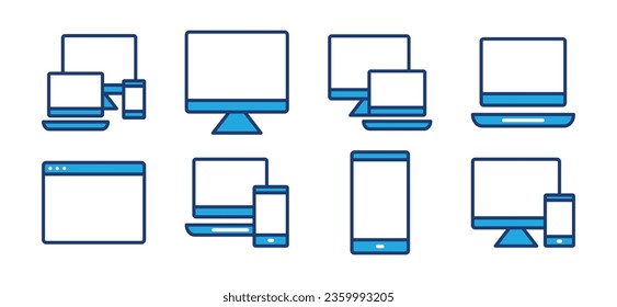 Devices and Electronics icons set. Device web icon collection. Smartphone, computer monitor, laptop, tablet icon symbol in line and flat style. Vector illustration