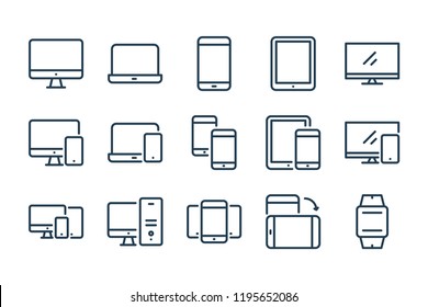 Devices and Electronics related line icons. Computers and mobile phones vector linear icon set.