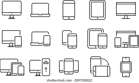 Devices and Electronics related line icons. Computers and mobile phones vector