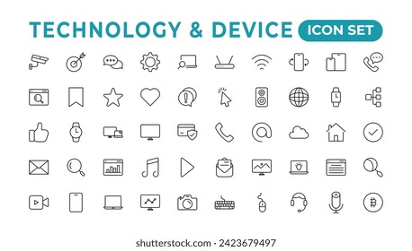 Dispositivos e iconos de línea relacionados con Electronics. Equipo de juegos de iconos vectoriales de teléfonos móviles. Iconos de dispositivo: smartphone, tablet, laptop desktop computer. Ilustración vectorial, diseño plano.Icono de esquema.