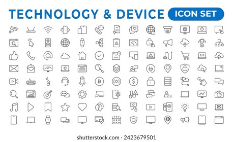 Devices and Electronics related line icons. Computers mobile phones vector linear icon set. Device Icons: smartphone, tablet, laptop desktop computer. Vector illustration, flat design.Outline icon.