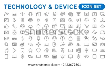 Devices and Electronics related line icons. Computers mobile phones vector linear icon set. Device Icons: smartphone, tablet, laptop desktop computer. Vector illustration, flat design.Outline icon.