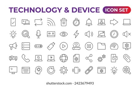 Dispositivos e iconos de línea relacionados con Electronics.Equipos de teléfonos móviles conjunto de iconos lineales vectoriales.Iconos de dispositivo: smartphone, tablet, laptop desktop computer. Ilustración vectorial, diseño plano.Icono de esquema.