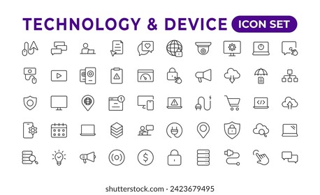 Devices and Electronics related line icons.Computers mobile phones vector linear icon set.Device Icons: smartphone, tablet, laptop desktop computer. Vector illustration, flat design.Outline icon.