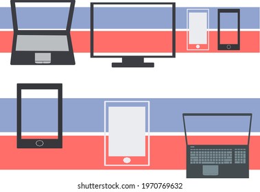 Devices with empty screen set Black and white phone tablet Laptop and display Mockup Isolated vector illustration on colored background