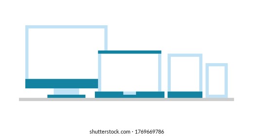 Dispositivos ilustración vectorial de color plano. Conjunto de computadoras, portátiles, mesa y smartphone. Iconos vectoriales planos electrónicos de gadget.