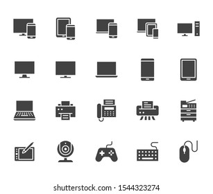 Devices flat glyph icons set. Pc, laptop, computer, smartphone, desktop, office copy machine vector illustrations. Black minimal signs for electronic store. Silhouette pictogram pixel perfect.