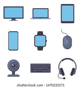 Devices flat icon set. PC desktop monitor, laptop, tablet, smartphone, wearable smart watch, wired mouse, web camera, keyboard, headphones with microphone. Vector illustration.