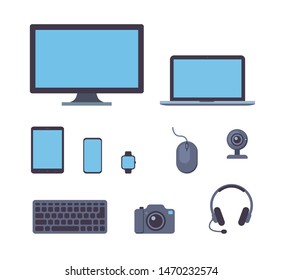 Devices flat icon set. PC desktop monitor, laptop, tablet, smartphone, wearable smartwatch, wired mouse, web camera, keyboard, headphones with microphone. Vector illustration.