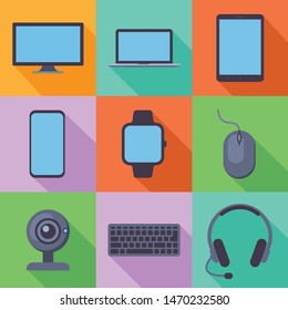 Devices flat icon set. PC desktop monitor, laptop, tablet, smartphone, wearable smartwatch, wired mouse, web camera, keyboard, headphones with microphone. Vector illustration.