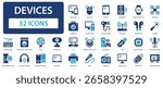 Devices flat icons collection. Tablet, computer, camera, TV, laptop, USB, smartphone, microwave, hair dryer, remote, radio, earbuds sign set.