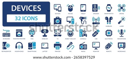 Devices flat icons collection. Tablet, computer, camera, TV, laptop, USB, smartphone, microwave, hair dryer, remote, radio, earbuds sign set.