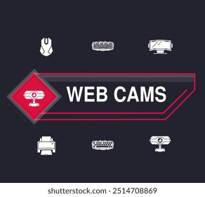 Os ícones planos dos dispositivos foram configurados. Pc, laptop, computador, webcam, teclado, ilustrações vetoriais de máquina de cópia para escritório. Descrever sinais mínimos para armazenamento eletrônico. Pixel perfeito. Traçados Editáveis.
