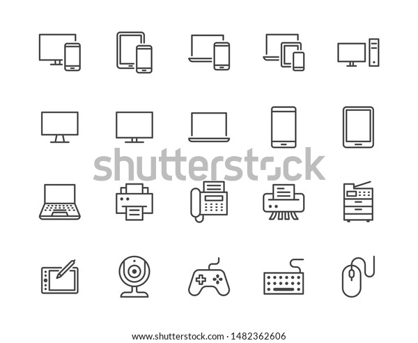Devices flat line icons set. Pc, laptop,\
computer, smartphone, desktop, office copy machine vector\
illustrations. Outline minimal signs for electronic store. Pixel\
perfect. Editable\
Strokes.