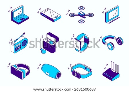 Devices and gadgets concept 3d isometric icons set for web isometry design. Collection elements of laptop, smartphone, drone, tablet and stylus, smart watch, vr headset, more. Vector illustration.