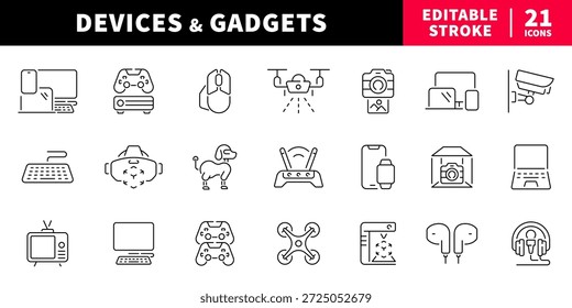 Devices and gadgets editable line icons set. tech and electronics symbols