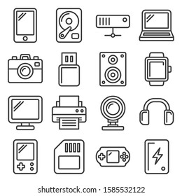 Devices and Gadgets Icons Set on White Background. Line Style Vector