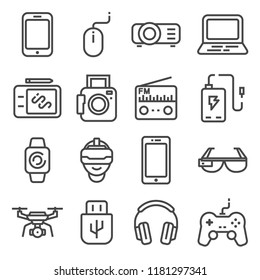 Devices and gadgets icons set. Usb flash drive, player, smart glasses and watches, tablet, drone notebook, radio, graphic tablet, joystick and more