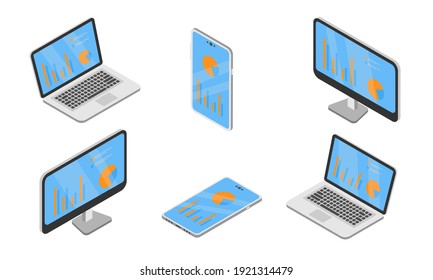 Dispositivos y gadgets Diseño isométrico. Conceptos modernos de ilustración vectorial para fondo, banner, aplicación móvil y sitio web.