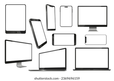 Devices and gadgets mega set in 3d realistic design. Bundle elements of tablets, smartphones, computers, televisions, laptops with empty white screens. Vector illustration isolated graphic objects