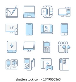 Devices and Gadgets related blue line colored icons. Electronic Devices icon set.