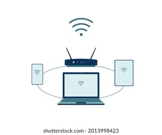 Devices and gadgets for remote connection and internet network, flat vector illustration isolated on white background. Computer connected with phone and tablet.