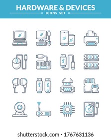 Devices and Hardware  icon set with dual color and shadow, New and trendy linear pictogram pack. modern vector icon concept.