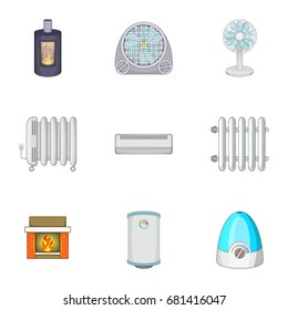 Devices for heating and cooling houses icons set. Cartoon set of 9 devices for heating and cooling houses vector icons for web isolated on white background