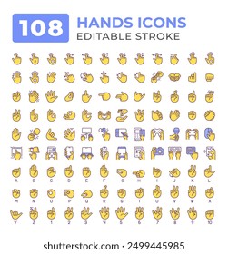 Devices holding hands gestures colorful icons big set. Using gadgets. Finger touchscreen. Deaf sign language asl iconset color linear symbols. Vector isolated flat illustrations. Editable stroke