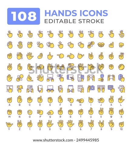 Devices holding hands gestures colorful icons big set. Using gadgets. Finger touchscreen. Deaf sign language asl iconset color linear symbols. Vector isolated flat illustrations. Editable stroke