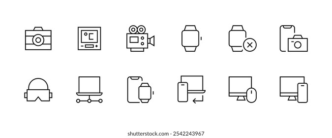 Coleção de ícones de dispositivos. Conjunto de ícones eletrônicos. Acessórios, gadget, smartphone, realidade virtual, computador, tablet, laptop, relógio inteligente, câmera e muito mais. Traçado editável. Pixel perfeito. Grade de 32px.