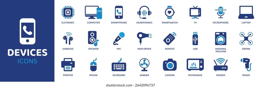 Devices - Icon Collection. Thin Line Set contains such Icons as Device, Phone, Laptop, Tablet, Monitor, Watch, TV and more. Simple web icons set.