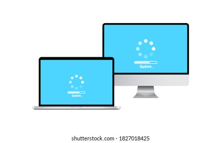 Icono de dispositivos. Pantalla de ordenador y portátil. Concepto de actualización y actualización del software del sistema. Cargando proceso. EPS vectorial 10. Aislado sobre fondo blanco