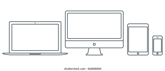 Devices icon: laptop, computer, tablet pc and smart phone. Flat linear icons isolated on white background