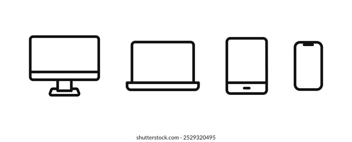 Devices icon set. Computer, laptop, tablet and phone pictogram collection. Responsive display symbol. Electronic devices sign. Monitor screen outline pictogram. Display illustration set isolated.