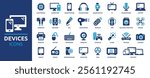 Devices icon set. Containing smartphone, tablet, computer, TV, camera, speaker, smartwatch, microphone, headphones and more. Solid vector icons collection.