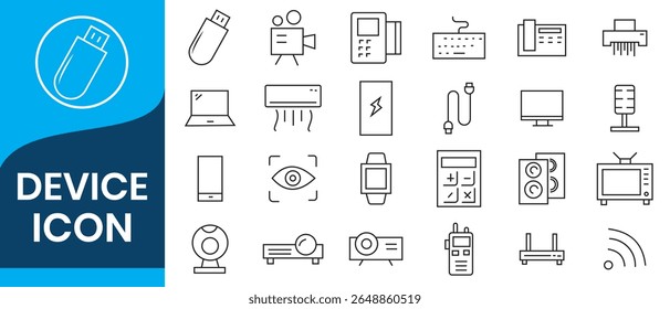Conjunto de ícones de dispositivos. Contendo smartphone, tablet, computador, TV, câmera, alto-falante, smartwatch, microfone, fones de ouvido e muito mais. Coleção de ícones de vetor sólido.